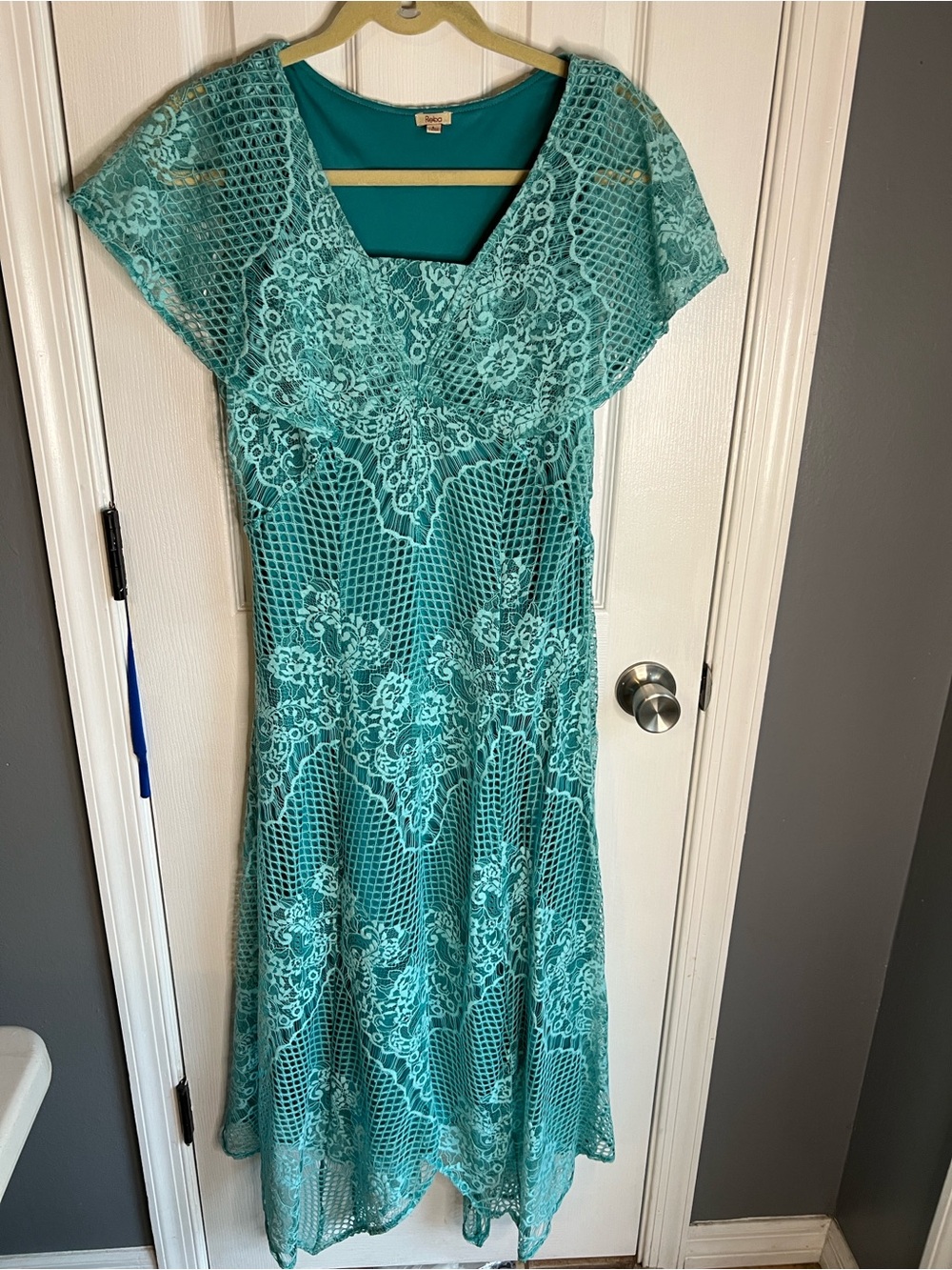 Reba Y2K Teal Lace-Overlay Maxi with V-Neck and Flutter Sleeves